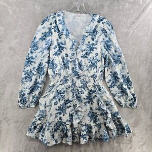 Gap x LoveShackFancy Womens L Dress Blue Floral Toile Smocked Ruffle Mini